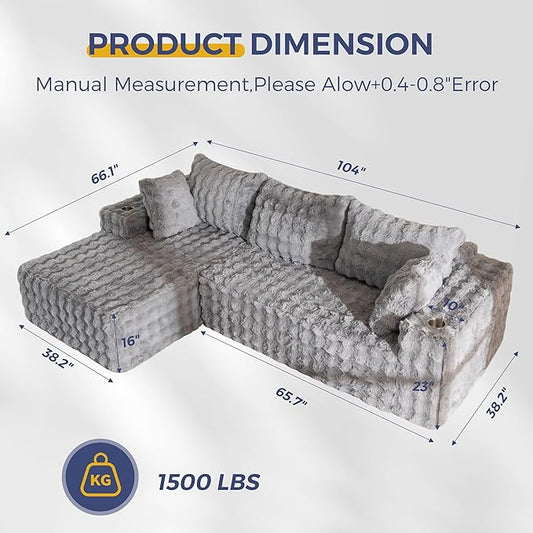 MAXYOYO 104" Modular Sectional Couch with L-Shape Chaise, Modern Boneless Couch for Living Room, Sofa in A Box, Faux Fur Sofa Sleeper with Deep Seat, No Assembly Required, Grey