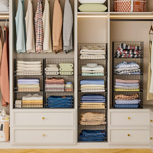 6-Tier Stackable Closet Organizers and Storage Shelves, Closet Shelf Organizer Basket Bins, Foldable Sweater Storage for Clothes Organizer System, Black(Patent Pending)