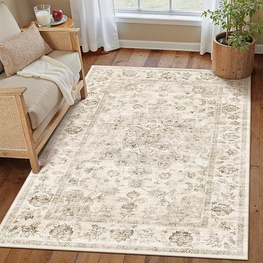 3x4 Washable Neutral Area Rug Beige Vintage Entryway Office Carpet Non-Slip Soft Low Pile Floral Throw Rug for Entrance Living Room Bathroom Dining Room
