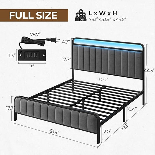 Rolanstar Full Size Bed Frame with LED Light and Charging Station, Upholstered Headboard and Footboard, Metal Slat, Noise Free, Easy Assembly, Dark Gray