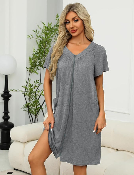 Ekouaer Women Robe Zipper Front Mumu Duster Robes Zip Up Housecoat Soft Sleepwear with Pockets