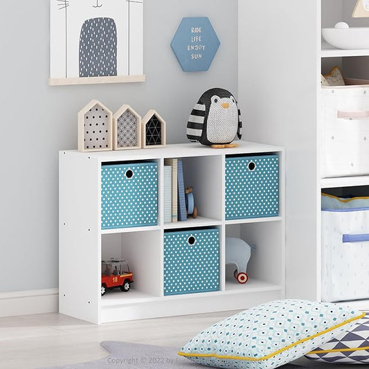 Furinno BASIC Book Shelf, 6-Cube Bookshelf, 3 x 2 Bookcase with Storage Bins, 11.9 x 31.6 x 23.6, for Living Room, Bedroom, Home Office, White/Light Blue
