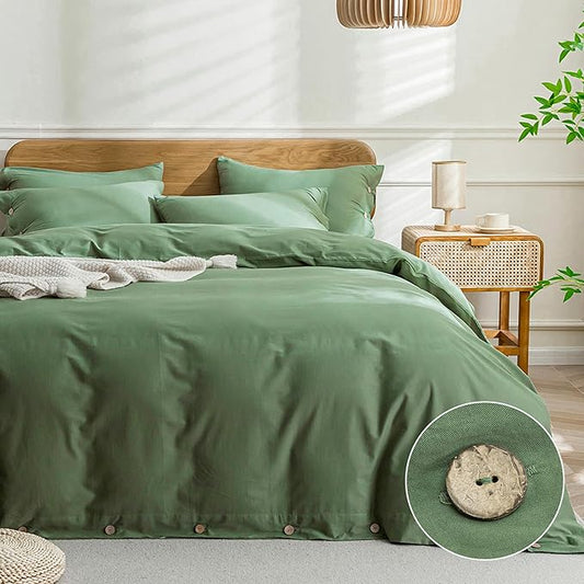 JELLYMONI Cotton Duvet Cover Super Queen Size - Green Comforter Cover with Button 100% Washed Cotton 3PCS Breathable Soft Solid Bedding Set Duvet Cover 98×90in & 2 Pillowcases (NO Comforter)