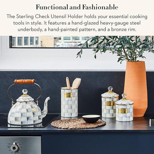 MACKENZIE-CHILDS Enamel Utensil Holder, Kitchen Utensil Holder for Countertop, Storage Caddy, Gray-and-White Sterling Check