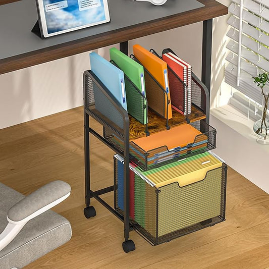 Rolling File Cabinet with Adjustable Dividers, Mobile Filing Cabinet with 2 Storage Drawers on Lockable Wheels, Hanging File Organizer Beside Under Desk for Office, Home(Patent Pending)