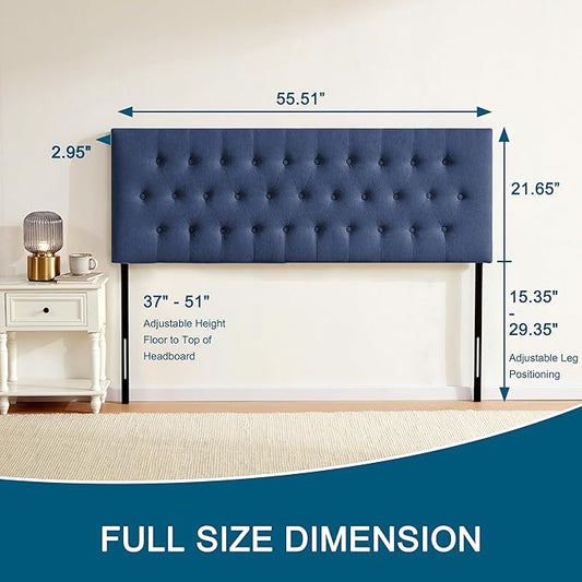 Tufted Upholstered Headboard Full Size, Solid Wood Head Board with Durable Metal Legs, Adjustable Height Full XL headboard from 37” to 51” Fabric Headboard in Modern Button Design, Blue