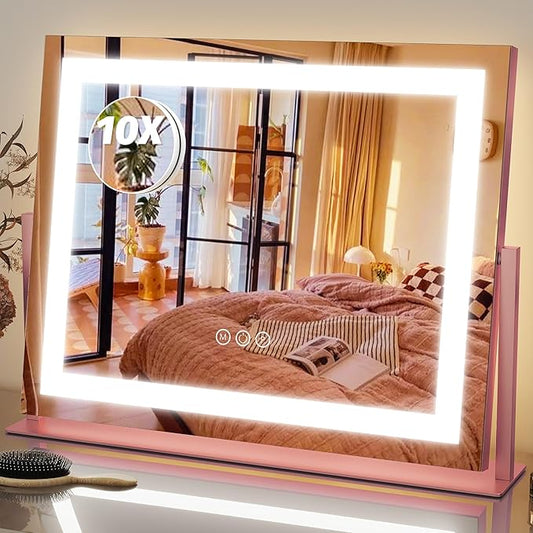 FENNIO Vanity Mirror with Lights 22''x18'' Makeup Mirror with Lights,Lighted Makeup Mirror with 10X Magnification,Smart Touch Screen with 3-Color Lighting,Dimmable(Square Pink)