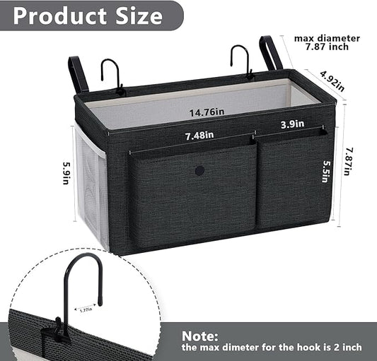 Bedside Caddy Bedside Organizer with Fixed Straps & Water Bottle Holder, Bunk Bed Caddy ideal for Home, Dorm, Hospital, Crib, Versatile Bedside Storage Solution (Black 2pcs)