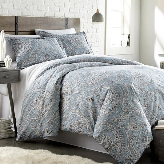 Southshore Fine Living, Inc. Reversible Paisley Duvet Cover King Size Set, Oversized California King Duvet Cover Boho Set, Pet Hair Resistant Bedding, 2 Paisley Pillow Shams - Pure Melody Aqua