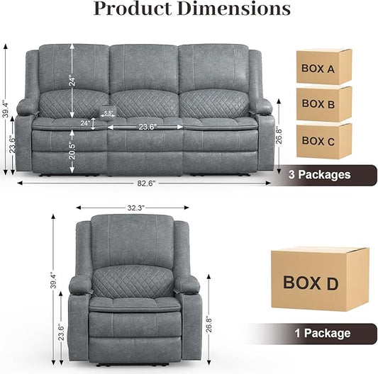 3 Seater Recliner Sofa Set with 2-Tier Cushion, 3+1 Pieces in Living Room, 3 Seater Reclining Couch Leather with Removable Console, 1 Oversize Recliner Chair Sofa Seat
