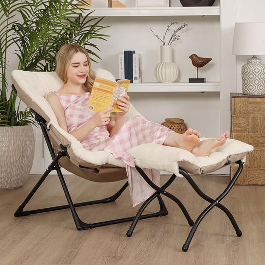 Comfy Saucer Chair for Adults, Soft Faux Fur Bedroom Chair with Ottoman, Accent Dorm Chairs, Living Room Reading Chairs and Footstool, Folding Lounge Seat for Teens, X-Large, Beige