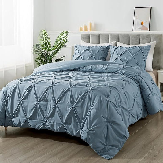 Andency Grayish Blue Pinch Pleat Comforter Twin(66x90Inch), All Season 2 Pieces(1 Pintuck Comforter, 1 Pillowcase) Microfiber Pintuck Comforter Sets Down Alternative Comforter Bedding Set