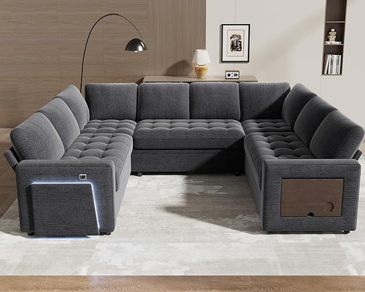 WEUP 8 Seat U Shaped Sectional Sleeper Sofa Bed with Pull Out Bed, Chenille Sectional Sleeper Couch with Adjustable Backrest, USB Ports, LED, Side Table, Tool-Free Assembly, Chenille Dark Grey