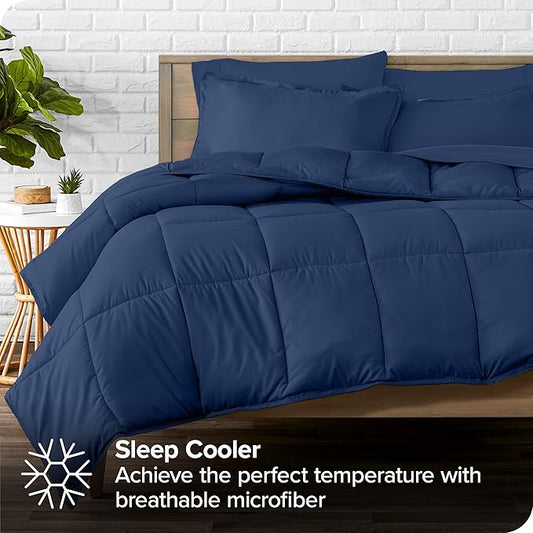 Bare Home Bed-in-A-Bag 7 Piece Comforter & Sheet Set - Queen - Goose Down Alternative - Ultra-Soft 1800 Premium - Bedding Set (Queen, Dark Blue/Dark Blue)