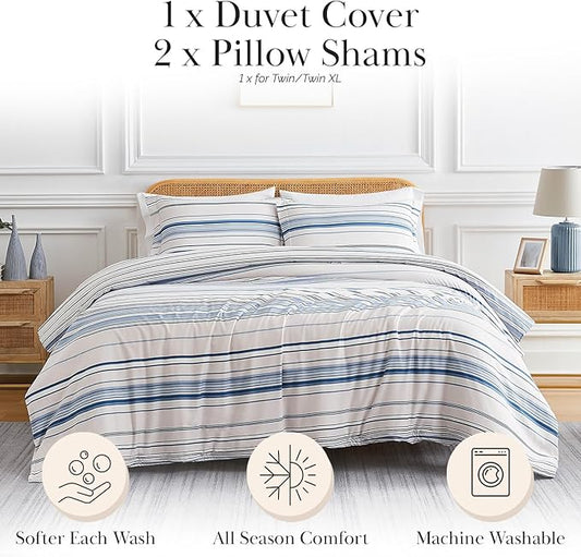 Southshore Fine Living, Inc. Oversized King Duvet Cover, Hotel Quality King Coastal Bedding Set, Easy Care, Beach Theme King/California King Duvet Cover Set, 2 Pillow Shams - Coastal Stripe Blue