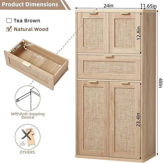 LEYAOYAO 48" Tall Storage Cabinet,Rattan Bathroom Floor Cabinets with 4 Doors & 1Drawer,Boho Kitchen Pantry with Adjustable Shelves,Wooden Cupboard for Living Room,Home Office,Dining,Natural Wood