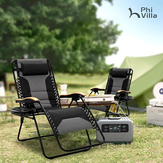 PHI VILLA XXL Oversized Padded Zero Gravity Chair, Foldable Patio Recliner, 30" Wide Seat Anti Gravity Lounger with Cup Holder, Support 400 LBS (Black)
