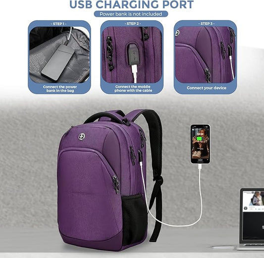 Swissdigital Design Business Laptop Backpack, College Laptops Backpack with USB Charging Port for Men and Women Fits 16 Inch Notebook, Purple | SD1670-51