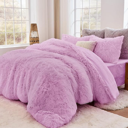 Sasttie 3-Piece Fluffy Duvet Cover Full, Ultra Soft Faux Fur and Velvet Light Purple Comforter Cover, Luxury Fuzzy Bedding Sets for Winter Bed, Includes 1 Duvet Cover and 2 Pillowcases, No Comforter