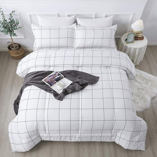 Andency White Grid Comforter Set Twin/Twin XL(66x90Inch), 2 Pieces (1 Plaid Comforter and 1 Pillowcase) White Plaid Comforter Set, Lightweight Microfiber Gingham Geometric Comforter Bedding Set