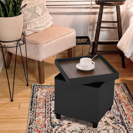 Storage Ottoman for Living Room,Square Ottoman with Tray Bedroom Cube Foot Rest Stool with Legs Ottomans Coffee Table Lid Foldable Footstool Faxu Leather 15" Inch(Black)