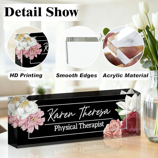 Ship Next Day-Custom Name Plate for Desk, Desk Name Plate Personalized, Acrylic Office Desk Accessories, Appreciation Gifts for Coworkers Employee Teachers Boss Women Men (Hibiscus Flower)