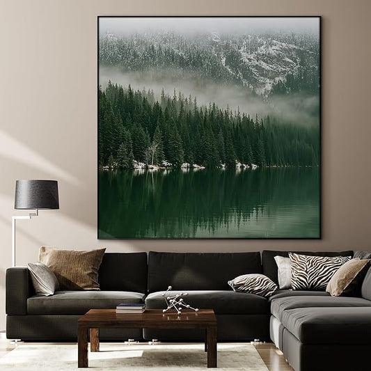 46"x46" XL Framed Wall Art - Misty Forest Landscape Green Pine Trees (Frame Assembly Required)