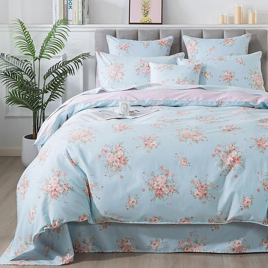 FADFAY Duvet Cover Set Blue Rose Floral Bedding Rustic Peony Flower Comforter Cover Set Vintage Farmhouse Bedding 100% Cotton Quilt Cover with Hidden Zipper Closure 3Pcs, King/California King Size
