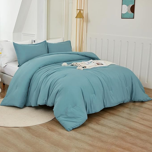 Litanika Comforter Set, Lightweight Solid Bedding Comforter Set, Fluffy Down Alternative Bed Set, Grayish Teal, King