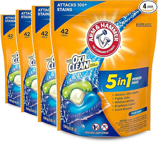 ARM & HAMMER Plus OxiClean 5-in-1 Liquid Laundry Detergent Power Paks, High Efficiency (HE), 42 Count (Pack of 4)