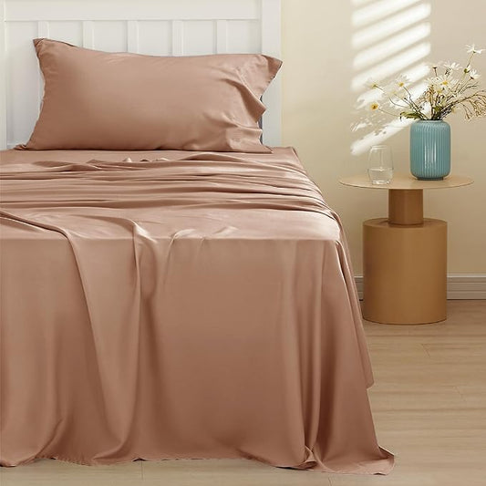 Bedsure Cooling Sheets Twin XL, Rayon Derived from Bamboo, Breathable & Soft Twin XL Sheet Sets, Deep Pocket Up to 16 Inches, Hotel Luxury Silky Dorm Bedding for Hot Sleepers, Khaki