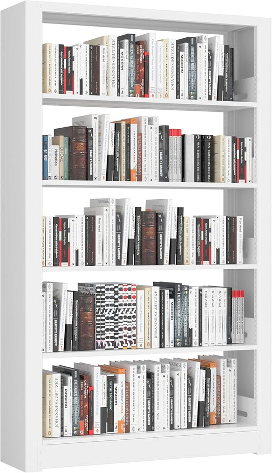 5-Tier Bookshelf, White Bookshelf with Adjustable Storage Shelves, Metal Bookshelf, 69" Tall Bookcase for Living Room, Library, Office, Bedroom, Including Book Stopper,36" Wide Bookshelves