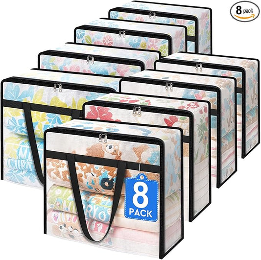 8 Pack Clear Storage Bags for Comforter, Clothes & Bedding, Plastic Blanket Storage with Zipper and Handle, Moving Bags, Closet Organizer and Under-Bed Storage (60L)