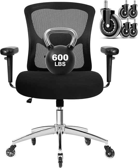 Big and Tall Office Chair 600lbs, Heavy Duty Ergonomic Mesh Chair, Computer Executive Desk Chair with Wide Thick Seat, Adjustable Armrests, Lumbar Support