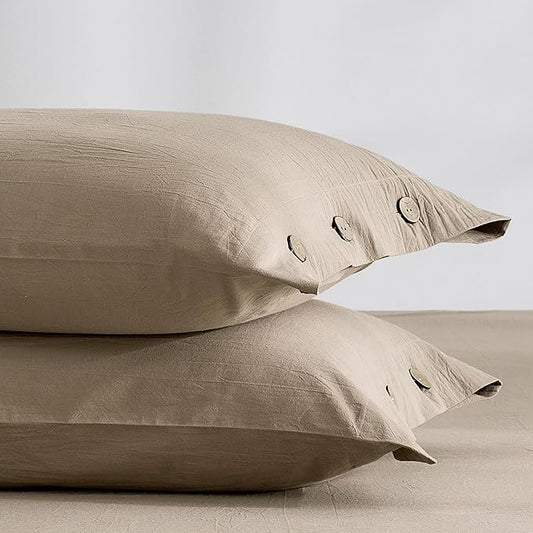 JELLYMONI 100% Washed Cotton King Pillowcases Set, 2 Pack Linen-Like Texture Breathable Pillow Covers with Button Closure,Dusty Khaki King 20"×36"(Pillows are not Included)