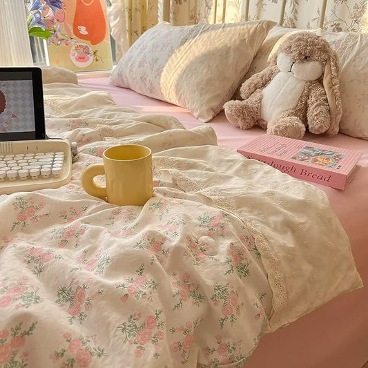 mixinni Vintage Floral Duvet Cover Set - 3 Piece Twin XL Size Pink Cottagecore Bedding with Lace Trim, Shabby Chic Bedding Set, Includes 1 Duvet Cover & 2 Pillowcases, Boho Aesthetic for Girls & Dorms