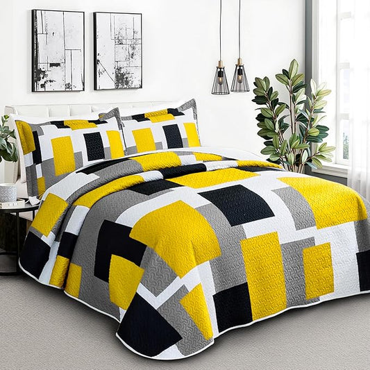 3 Piece Yellow Grey Quilt Set Full/Queen Size Yellow Gray White Geometric Reversible Bedding Set Microfiber Lightweight Bedspread Coverlet with 2 Shams Modern Bed Cover for All Season, 90''x96''