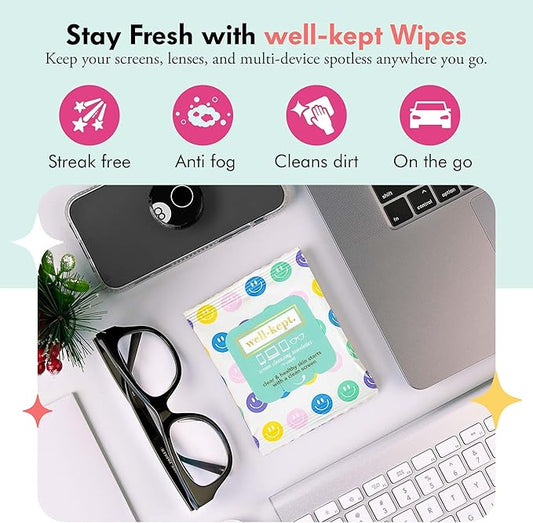 Well-Kept Tech & Lens Wipes - Eyeglass, Screen & Phone Cleaning, Multi-Surface, Lint-Free, Pre Moistened, Streak-Free & Non Scratching - All Smiles, 6 Pack (90 Count)