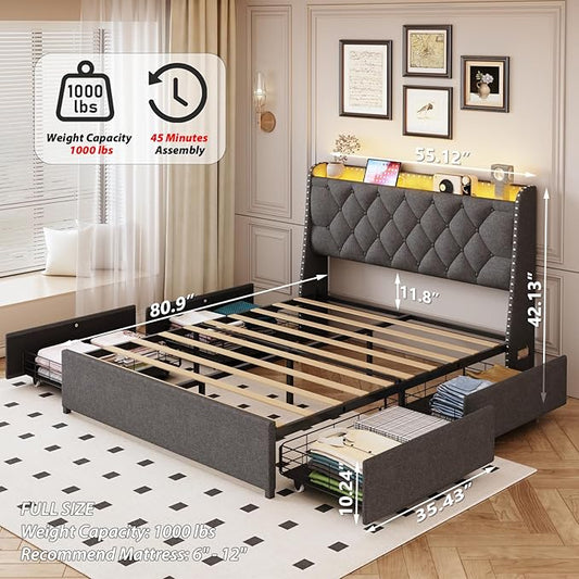 Full Size Bed Frame with 4 Drawers and Storage Headboard, Upholstered Button Linen Platform Full Bed with Led Lights and Handy Charging Station, No Box Spring Needed, Easy Assembly, Noise Free, Grey