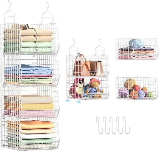 4" Extra Deeper Foldable Hanging Closet Organizer, Small Wire Cabinet Shelves and Storage with 5 S Hooks,4 Tier Metal Basket Bins for Clothes Sweaters Handbags, Wardrobe for Kitchen Laundry Room,White
