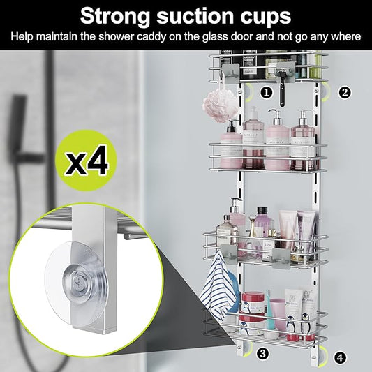 Orimade Over the Door Shower Caddy Adjustable 5 Tier Silver Grey,Bathroom Hanging Organizer Shelf Rustproof with 4 Hooks,Shower Basket with Soap Holder and Suction Cup