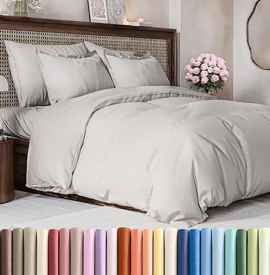Duvet Cover King Size Set - Extra Soft King Size Duvet Cover 104 x 90 with 2 Pillow Shams - Hotel Luxury Easy Care and Fade Free w/Zipper Closures & Ties - Comfy Breathable Bedding Set (French Grey)