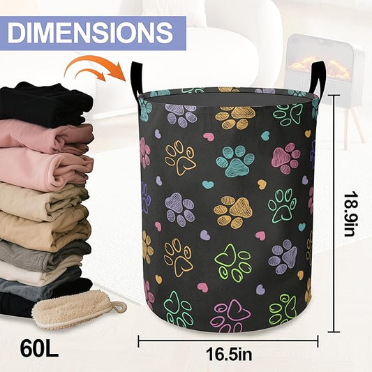 Colorful Paw Print Laundry Hamper Large Canvas Fabric Lightweight Storage Basket/Dirty Clothes Collapsible Waterproof for College Dorms, Boys and Girls Bedroom,Bathroom