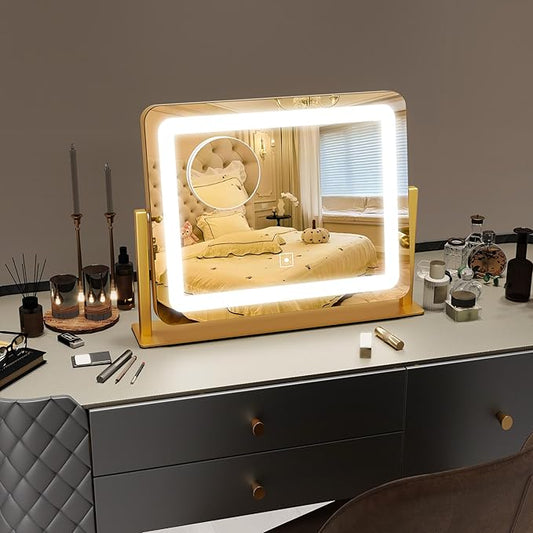 ROLOVE Gold Vanity Mirror with Lights 15" x 12", Lighted Makeup Mirror with 10X Magnification, 3 Color Lighting & Dimmable Brightness, Make Up Mirror with Lighting for Bedroom Tabletop