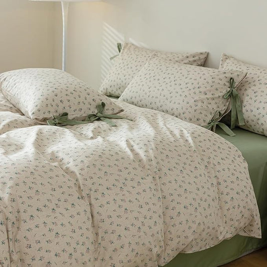 HighBuy Soft Cotton Duvet Cover Queen Girl Floral Coquette Bedding Set Boho Duvet Cover Queen with 2 Bowknot Bow Tie Pillowcases,Garden Floral Comforter Cover Coquette 3 Piece Bedding Set