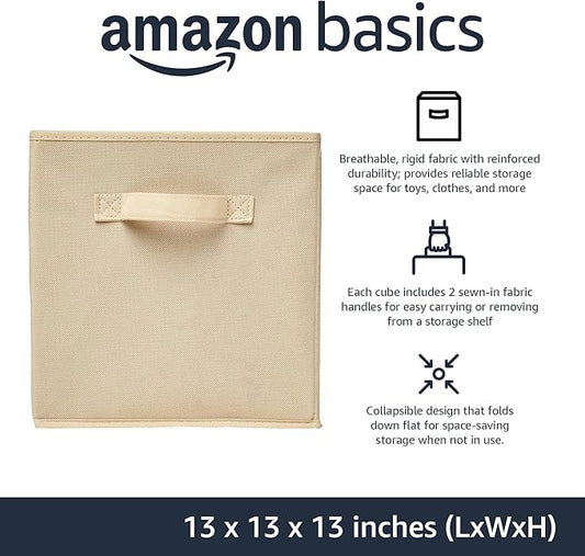 Amazon Basics Collapsible Fabric Storage Cube Bins Organizer with Handles, Sturdy, Beige, 13-x-13-x-13-inch, Pack of 6