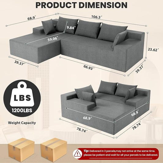 LEVELEVE 107" Cloud Sectional Couch with Deep Seat,Modern Modular Sofa with L-Shape Chaise,No Assembly Required, Upholstered Couches for Living Room Bedroom(Light Gery,Left Facing Chaise)