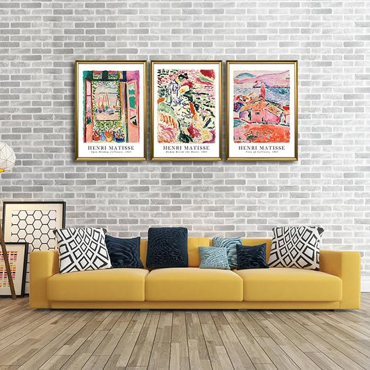 Wieco Art Large Framed Canvas Wall Art 3 Piece Henri Mattise Art Abstract Colorful Matisse Posters Canvas Prints for Wall and Home Office Decorations Bronze Gold Frame