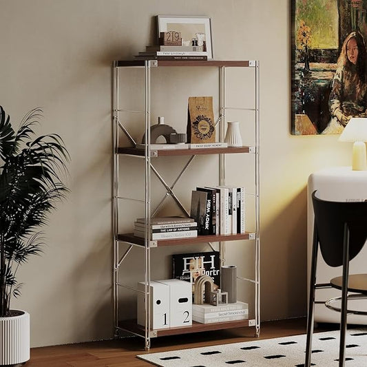 4-Tier Industrial Bookshelf, Storage Bookcase for Living Room, Bedroom, Home Office, and Kitchen, Dark Walnut, 13"x24"x52" Inches