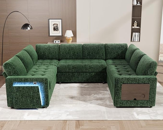 WEUP 8 Seat U Shaped Sectional Sleeper Sofa Bed with Pull Out Bed, Chenille Sectional Sleeper Couch with Adjustable Backrest, USB Ports, LED, Side Table, Tool-Free Assembly, Chenille Green